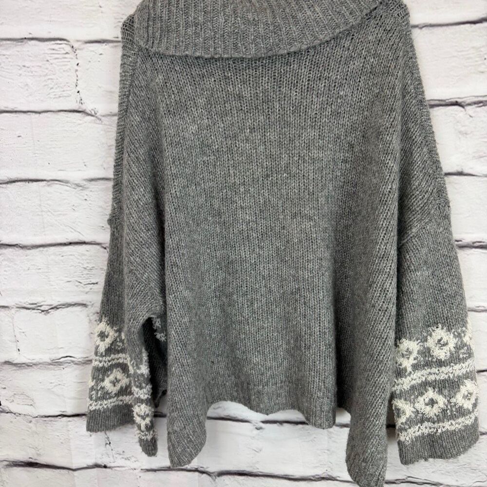 Free People Wool Blend Boho Sweater Medium Gray Fair Isle Cowl Neck Chunky Knit‎ - Picture 8 of 8